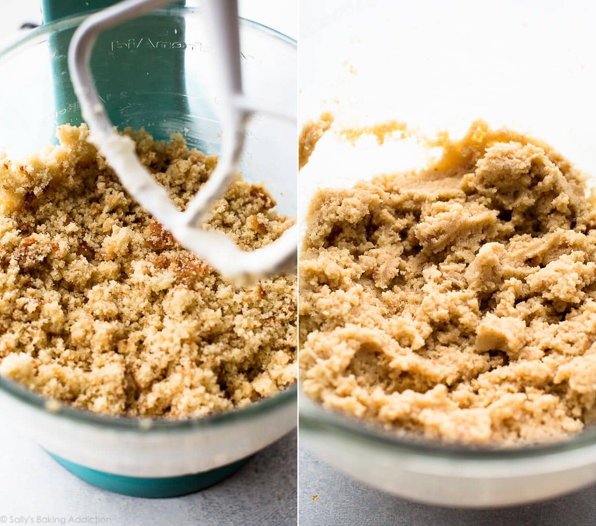 2 images of cake crumbled into glass bowl of frosting and cake and frosting mixed together in a glass bowl