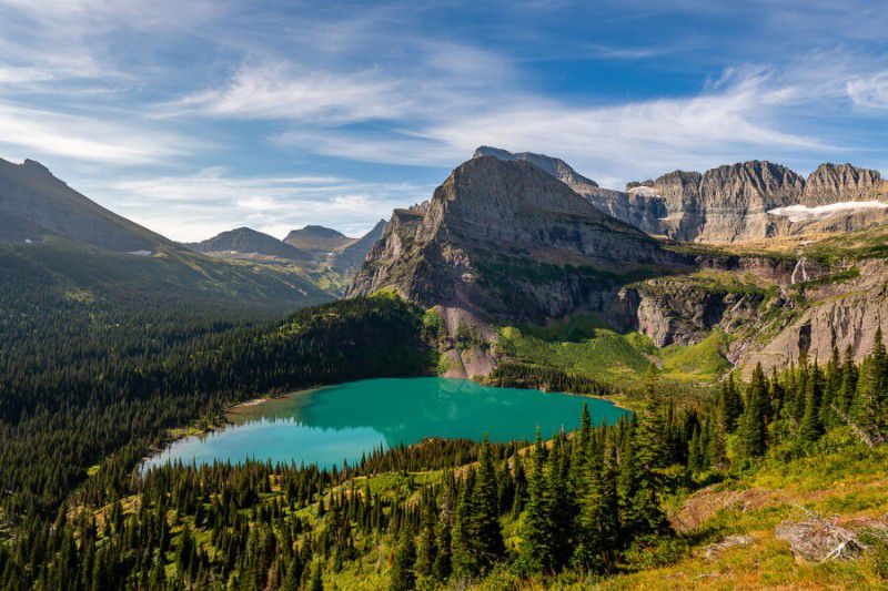 Glacier National Park lake meadow and mountains