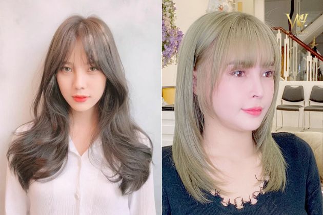 Tóc layer nữ mặt tròn với mái ngang uốn xoăn nhẹ