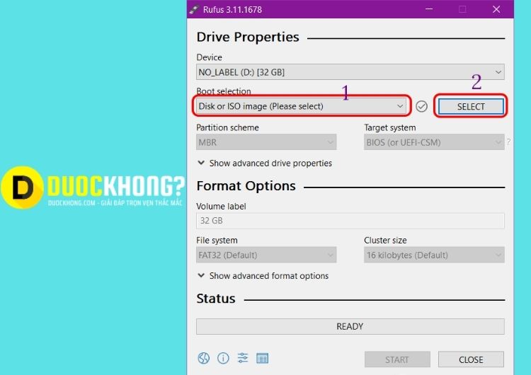 Nhấn SELECT để duyệt và chọn file ISO