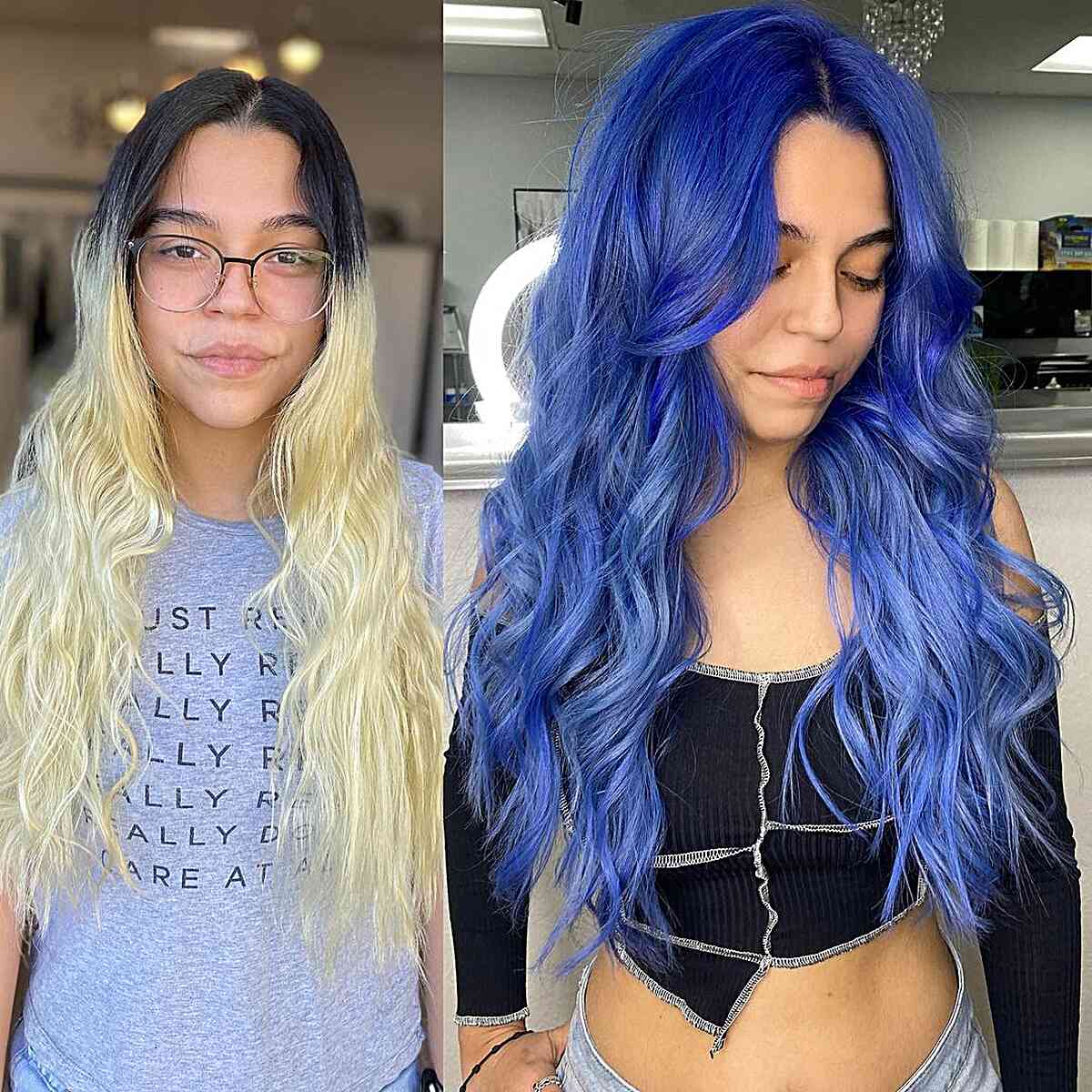 Stunning Blue Balayage for long wavy hair and a middle part