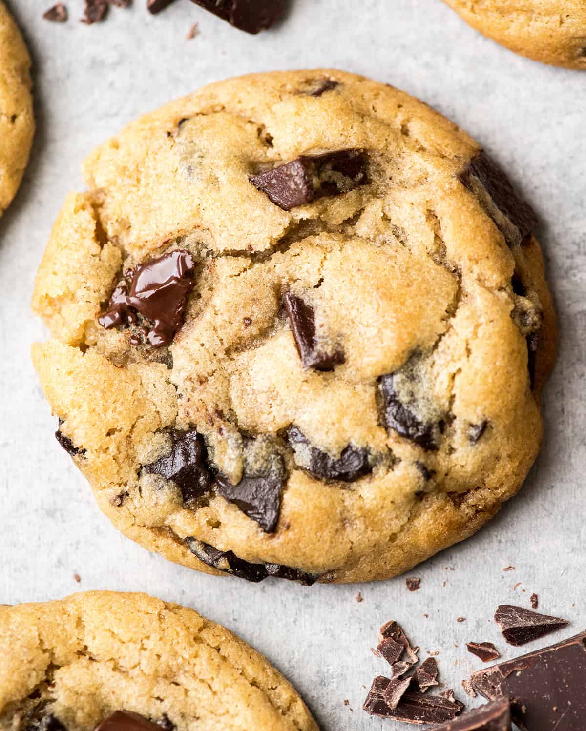 up close overhead view of one chocolate chip cookie